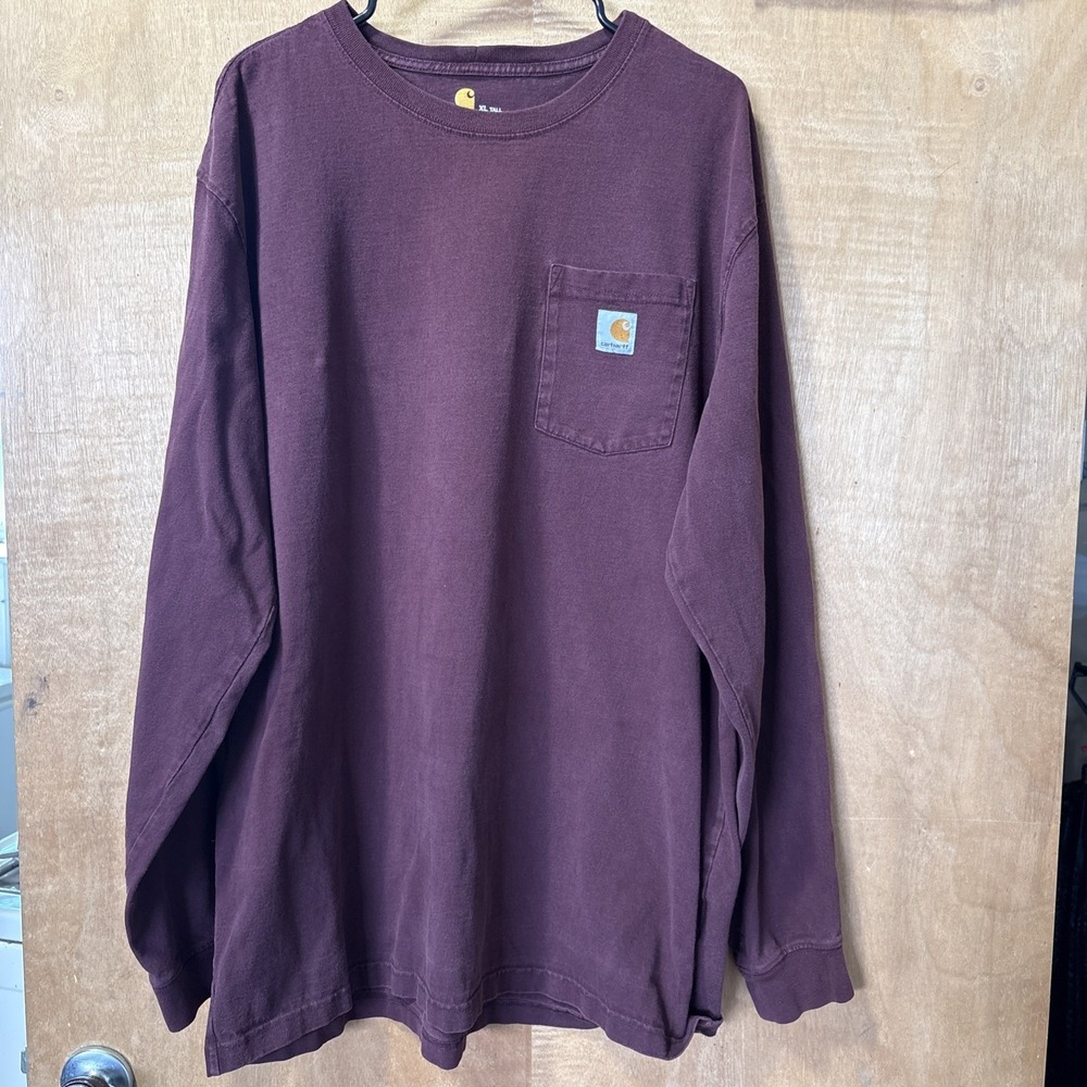 Cathartt Men'sXL Tall Long Sleeve T-Shirt Maroon‎ Chest Pocket Logo 💯 Cotton
